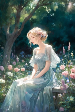Title- 'Morning Serenity- A Delicate Encounter in the English Garden'
In this breathtaking 2D illustration, we find ourselves immersed in a picturesque English garden, where beauty and tranquility intertwine. This masterpiece, created with the utmost attention to detail and pastel colors reminiscent of a watercolor painting, captures a moment of pure serenity.
A mature female figure takes center stage, her blonde hair cascading down in straight strands, adorned with an elegant hair ornament. Asymmetric bangs gently frame her face, adding a touch of sophistication to her appearance. Her neat and clean demeanor exudes a sense of refinement and grace.
With a serene smile gracing her lips, the woman stands amidst a vibrant display of blooming flowers. Each delicate petal is rendered with precision, capturing the refreshing essence of a morning adorned with a glistening layer of dew. The Tyndall phenomenon, with light scattering through the dewdrops, creates a subtle yet captivating play of colors and illumination.
The woman's attire consists of a flowing dress adorned with intricate details, complemented by a capelet that drapes gracefully around her shoulders. The dress and capelet, carefully depicted with a sense of delicate movement, evoke a sense of elegance and ethereal beauty.
Titled 'Morning Serenity- A Delicate Encounter in the English Garden,' this artwork is a testament to the harmonious blending of nature's wonders and the grace of a mature female figure. It invites the viewer to immerse themselves in the tranquil atmosphere of the English garden, where the soft colors and gentle ambiance create a sense of calm and serenity.