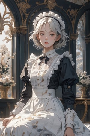 Maid Dress Outfit:  Here's an ultra-detailed, high-quality description of a maid dress outfit with various additional elements:  The maid dress is a masterpiece of design, meticulously crafted with intricate details and the best quality materials. It features a black color scheme with white accents, giving it a classic and elegant look. The dress has a fitted bodice that beautifully accentuates the figure, while the flared skirt flows gracefully around the legs.  The maid dress is complemented by a white apron that ties around the waist. The apron is adorned with delicate lace and ruffled details, adding a touch of femininity and charm. Additionally, a jumper skirt option is available, with a black or dark-colored skirt worn over a white blouse, providing a stylish and versatile alternative.  To complete the maid ensemble, a head dress is included. This head dress can be a small white cap or a headband adorned with bows or lace, exuding a sense of sophistication and tradition. It can be positioned on top of the head or secured in the hair, adding the perfect finishing touch.  For the highest level of detail, the outfit is portrayed in absurdly high resolution, allowing every intricate element to be appreciated. The maid is depicted as an elf with silver or white hair, styled in a fashionable bob cut. She is shown in a full-body pose, standing confidently alone.  The background is kept simple, featuring a subtle wallpaper design that enhances the overall aesthetic. It maintains a clean and elegant look, allowing the focus to remain on the maid and her outfit.  To add an art nouveau influence, the outfit incorporates elements inspired by the renowned William Morris style. This includes intricate floral patterns, flowing lines, and organic shapes that exude a sense of grace and beauty.  The maid is depicted in a cowboy-shot perspective, capturing her from a slightly lower angle for a dynamic and captivating composition.  In the scene, there are multiple copies of the maid, creating a tiled style effect. This emphasizes the maid's presence and adds an artistic flair to the overall composition.  As for accessories, the maid is wearing pants with a floral print, adding a modern twist to the traditional maid attire. She adorns her hair with delicate flowers, and the background features a beautiful floral motif, creating a harmonious and enchanting atmosphere.  The maid's appearance is undeniably kawaii, radiating an endearing and adorable charm. Her outfit is adorned with pin tacks, stitches, and rings, showcasing attention to detail and personal style. Additionally, she is captured in a moment of prayer, exuding a serene and contemplative aura.  The scene includes plants and a desk, providing a serene and inviting setting. The maid's flat chest and slim body contribute to her elegant and graceful silhouette.  For a unique touch, the maid has dog ears and vibrant green hair styled in a bob cut. Her silver eyes shine with a captivating gaze, adding a touch of mystery and allure.  She wears a white gown that drapes beautifully around her figure, further enhancing the elegance and sophistication of the outfit.  To add a sense of movement and liveliness, there is ample space above the maid's head, allowing for a dynamic composition and a visually pleasing balance.  Finally, the maid's dress features flounces that add a sense of playfulness and movement. Each flounce is meticulously designed and positioned, creating an exquisite and eye-catching effect.  Overall, the maid dress outfit presented here is a true masterpiece, combining intricate details, a kawaii aesthetic, and art nouveau influences. It creates a visually stunning and captivating portrayal of a maid in a charming and enchanting setting.