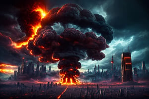 nuclear explosion, mushroon cloud, cityscape, putrid yellow gothic hellish environment, ornate, realistic, photographic quality, high details, atmospheric perspective, cyberpunk style,horror, Epicrealism,arqui,explosionmagic 