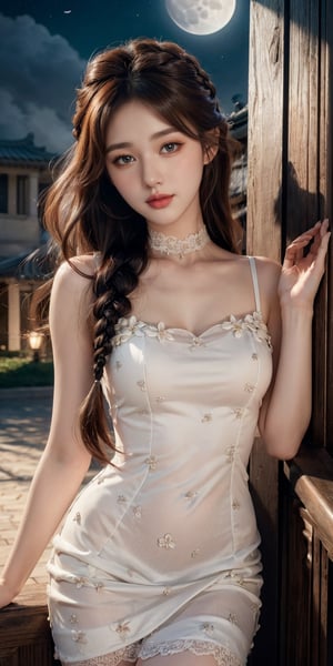 masterpiece, best quality, 1girl, (colorful),(finely detailed beautiful eyes and detailed face),ight brown hair, White lace dress, brown eyes,plaits hairstyle,cinematic lighting,bust shot,extremely detailed CG unity 8k wallpaper,white hair,solo,smile,intricate skirt,((flying petal)),(Flowery meadow) sky, cloudy_sky, building, moonlight, moon, night, (dark theme:1.3), light, fantasy,jisoo,1 girl,Asia,Woman ,z1l4
