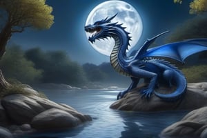 Documentary shot, cobalt blue dragon wading in a stream under a full moon intricately detailed, dramatic, Masterpiece, HDR, beautifully shot, hyper-realistic, sharp focus, 64 megapixels, perfect composition, high contrast, cinematic, atmospheric, Ultra-High Resolution, amazing natural lighting, crystal clear picture, Perfect camera focus, photo-realistic