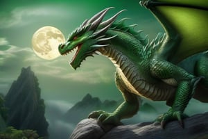 Documentary shot, green dragon taking off under a full moon intricately detailed, dramatic, Masterpiece, HDR, beautifully shot, hyper-realistic, sharp focus, 64 megapixels, perfect composition, high contrast, cinematic, atmospheric, Ultra-High Resolution, amazing natural lighting, crystal clear picture, Perfect camera focus, photo-realistic
