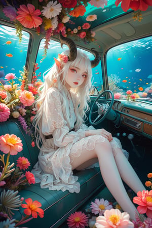The interior of an old car, many beautiful blooming flowers, the car covered with plant vines, the interior of the car,
BRAKE
(maximalism style),(long intricate horns:1.2) ,albino demon Lilith girl with enchantingly beautiful, alabaster skin,  sitting in the car, the car is sunk at the bottom of the sea, beautiful flowers and coral reefs, many jellyfish surround the girl, flower car, in car,anime,underwater,emo