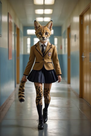 realistic pictures,1girl, anthropomorphic serval cat, whiskers and a sleek tail. Her sandy brown hair is spotted like a serval's coat, Dressed in a Japanese school uniform with a pleated skirt and blazer, her curious and playful eyes reflect her feline nature, She stands in a school corridor, embodying both agility and grace.i,anthro,perfect likeness of TaisaSDXL,amazing quality