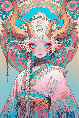 ultra Realistict, demon girl, (Long deer horn: 1.2) ,A shaman with deer antlers,(many ornaments hanging from the horn),crazy alternate hairstyle, amazingly intricately hair,colorful color hair, each braid painstakingly created,decorated with delicate accessories and beads,aesthetic,Beautiful Blue eyes, ,Rainbow haired girl ,dal-1, art nouveau,emo