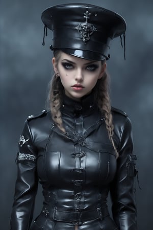  beautiful Nordic Girl, clad in a gothic punk-inspired latex military outfit,military hat, attire should incorporate intricate bondage elements, blending seamlessly into the design. The setting should exude a dark and mysterious ambiance, accentuating the overall edgy and alluring aesthetic. Pay attention to details like clothing texture, lighting nuances, and the surrounding atmosphere to create a captivating visual narrative.",AiArtV
