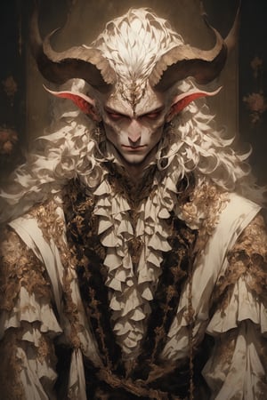 (Male), Albino devil prince male,(long intricate horns:1.2), dressed in a fashion style that is a seductive blend of baroque and punk, roses on his chest, his attire is reminiscent of baroque royalty, with ornate baroque garments with intricate lace, frills and decorations Her clothes are characterized by opulent baroque garments with intricate lace, frills, and decorations reminiscent of baroque royalty. However, the traditional elements are juxtaposed with edgy punk accents such as leather straps, spikes, and chains, adding a rebellious and modern twist to his ensembles, reinforcing a luxurious yet rebellious aesthetic,,emo,masterpiece