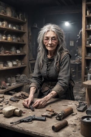 In a post-apocalyptic world, a tool shop in a dilapidated town,(solo),((ugly old medieval witch)),glasses,shaggy grey hair,messy hair,disarrayed hair,((thin hair:1.8)),((warty face:1.2)),((Nasty smiling)),hook nose,creepy look,skin disease,Strabismus eyes,
burn face
Brake
 managed by a grizzled old woman armed with a rifle,
An elderly woman with gray hair, armed with a rifle, runs the place,
Inside the store, potions, guns, ammunition, and various items are crammed onto shelves and hanging from the walls, and the dimly lit interior is dusty, creating an eerie atmosphere. An old woman in tattered clothes sits behind a cluttered counter, her weathered hands resting on her rifle,Her piercing gaze scans the incoming customers, trying to protect what little inventory she has.,stalker,falloutcinematic,DonMH41rXL