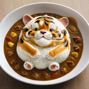 (From Above:), Japanese Curry Rice,TIGER cartoon head, 
(Masterpiece, Best Quality, 8k:1.2), (Ultra-Detailed, Highres, Extremely Detailed, Absurdres, Incredibly Absurdres, Huge Filesize:1.1), (Photorealistic:1.3), By Dr.Maehara, Portrait, Ultra-Realistic Illustration, Digital Painting. ,fat