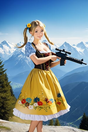 surreal, photorealistic, bokeh,
beautiful scene set against the majestic backdrop of the Alps, A young girl,long blonde pigtails, dressed in a traditional dirndl, stands smiling brightly,Her dirndl is adorned with intricate patterns and vibrant colors, reflecting the traditional Bavarian style,arms wide open,In her hands she confidently holding a gun in both hands, which contrasts sharply with her cheerful demeanor and the serene, picturesque mountain landscape.,y0sem1te,hubggirl,yva11ey1