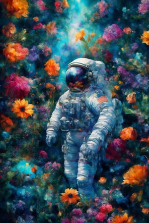 ultra realistic,Ultra maximalism art, a beautiful flower garden with bright flowers blooming as far as the eye can see, an astronaut surrounded by flowers,
A strange alien sight, a black monument covered in flower vines,
Astronaut flowers, astronaut_flowers,watercolor \(medium\),cyber