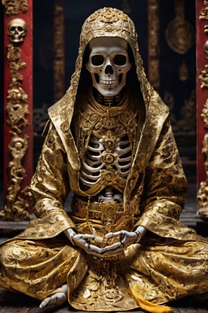 Real photo,mummy, Buddhist monk's robe,skull head, wearing gold brocade robe,((hooded monk robe:1.2)), skeleton hand,sacred atmosphere,
Mummy sitting and meditating