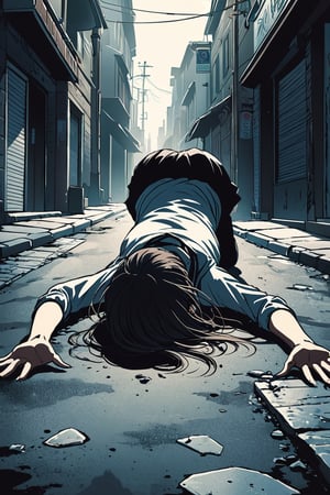 1Girl,street,
Illustration of a girl ,have fallen down and fallen ,((Girl on the ground,back of body))),
newhorrorfantasy_style,action_shot