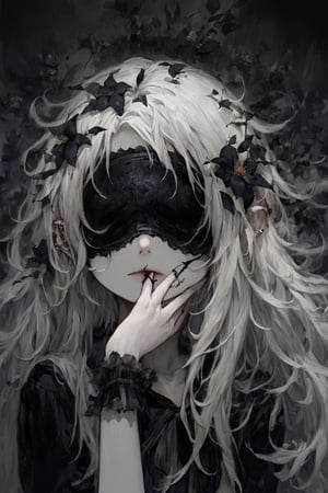 Albino girl in a disheveled gothic sailor suit, rebellious, pale complexion, (flowers jutting from her eye sockets),lip piercing,
Seductive yet distracting presence, carefree hair falling over her shoulders, framing her face with a morbid air,,dal,flower blindfold,Beautiful girl ,Flower Blindfold