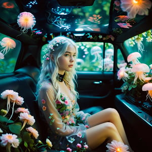 (Nordic girl),Aesthetic photography, high gamma, depth of field, girl white hair,sitting in car filled withflowers,photo naturalistic poses, 
wearing Luminescent Clothing,
vacation dadcore, a coolexpression, body extensions, jellyfish in car, analog film, super detail, dreamy lofiphotography, colourful, covered in flowers andvines, Inside view,FlowerStyle,r,hhc,interior,real_booster,aesthetic,Beautiful girl ,LuminescentCL,Jellyfish 