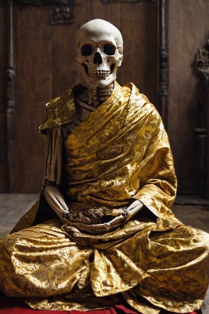 Real photo,mummy, Buddhist monk's robe,skull head, wearing gold brocade robe,((hooded monk robe:1.2)), skeleton hand,sacred atmosphere,
Mummy sitting and meditating