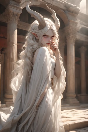 1 girl, albino devil girl, long devil horns, perfect beautiful face,
Clad in a beautiful transparent toga, an albino demon girl stands in the atmosphere of an ancient Roman bathhouse. Her ethereal presence contrasts with the classical elegance of her surroundings, her beautiful white skin and silver hair shining in the soft sunlight,
,Roman,porcellana style,bj_Devil_angel,dal