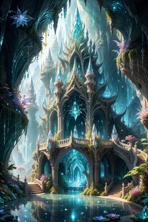 The beautiful Elven city crafted within a crystal cave exudes an ethereal and enchanting aura. Carved from the shimmering walls of the cave, the city sparkles with the iridescence of the surrounding crystals, casting prismatic reflections throughout its intricate architecture. Elegant spires and graceful bridges span across crystalline pathways, leading to majestic palaces adorned with intricate carvings and delicate filigree. Lush gardens filled with vibrant flora thrive amidst the crystal structures, adding bursts of color to the dazzling landscape. The inhabitants, adorned in flowing robes and adorned with intricate jewelry, move with grace and elegance through the city's winding streets, their ethereal beauty complementing the otherworldly splendor of their crystalline home.,DonM3lv3sXL