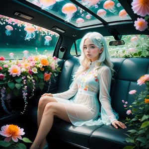 (Nordic girl),Aesthetic photography, high gamma, depth of field, girl white hair,sitting in car filled withflowers,photo naturalistic poses, 
wearing Luminescent Clothing,
vacation dadcore, a coolexpression, body extensions, jellyfish in car,Jellyfish floating around,
analog film, super detail, dreamy lofiphotography, colourful, covered in flowers andvines, Inside view,FlowerStyle,r,hhc,interior,real_booster,aesthetic,Beautiful girl ,LuminescentCL,Jellyfish 