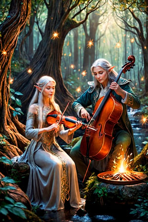  Elven orchestra, in an enchanted forest. Musicians in shimmering garments play instruments crafted from ancient trees, silken threads,  The silver-haired conductor raises a glowing wand, and melodies harmonize with the rustling leaves and a nearby stream. Fireflies dance around, enhancing the magical atmosphere. 