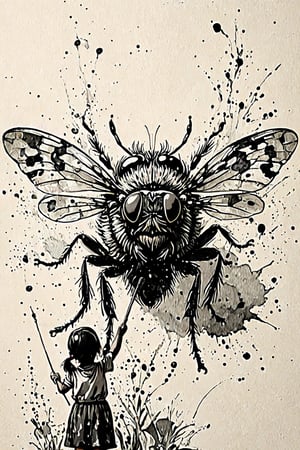 India ink paint art,Beelzebul, a giant fly drawn on the screen with a brush and ink, a realistic fly model, a fly wearing a crown,chinese ink drawing,
little girl with a huge brush in her hand,ink