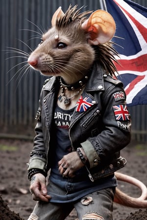 ((male brown rat:1.3)), spike hair  rat,
 Adopting gothic punk fashion, she wears earrings in her ears, a collar with studs around her neck,
Septum piercing, dirt, ratty dreads, patches, crust core, anti-union flag design, dirty torn studded spiked leather jacket, punk style jacket, lots of punk badges, military boots,
Dark and edgy pattern,anthro,DonMD347hM374lXL 