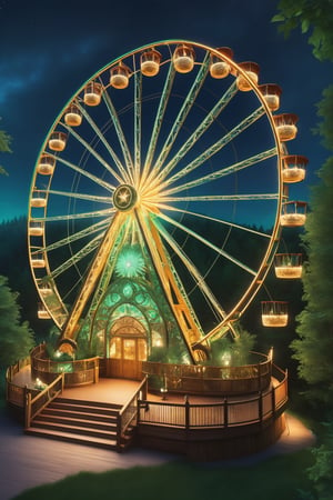 The Ferris wheel, crafted by elven artisans, stands tall amidst a lush forest, blending seamlessly with its surroundings. Each detail reflects elven craftsmanship, with elegant curves and intricate embellishments adorning its frame. Cabins feature elven motifs and mythical creature carvings. Passengers enjoy breathtaking views of the enchanted forest, with sunlight filtering through the canopy. At night, the wheel lights up with ethereal glows, .,DonM3lv3sXL