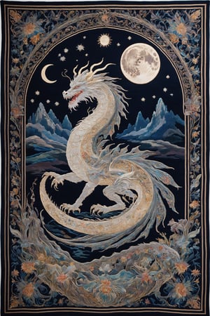 A beautiful and majestic Persian rug with delicate and bold embroidery in the Art Nouveau style.
Beautiful shining Embroidery with the theme of the moon, night, and dragon, art nouveau,DonMSp3ctr4lXL