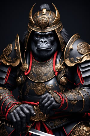 An intellectual gorilla clad in samurai armor and helmet,samurai armor, black samurai, black samurai helmet, symbol on helmet, Its powerful form encased in ornate armor, adorned with intricate patterns and symbols. The gorilla's eyes, filled with wisdom and determination, peer out from beneath the helmet's visor. Its massive hands grip a katana with a practiced ease, ready for battle or deep contemplation. This unique fusion of animal and warrior exudes strength, intelligence, and a sense of ancient honor.,samurai