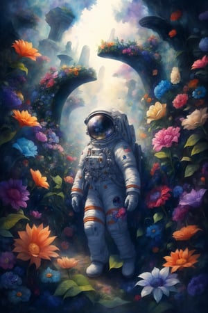 ultra realistic,Ultra maximalism art, a beautiful flower garden with bright flowers blooming as far as the eye can see, an astronaut surrounded by flowers,
A strange alien sight, a black monument covered in flower vines,
Astronaut flowers, astronaut_flowers,watercolor \(medium\),cyber,anime
