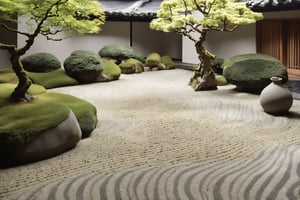 "Craft an evocative portrayal of a Japanese dry landscape garden,striped sand,(wavy sand:1.5),swirl pattern,
, where meticulous raked gravel represents flowing water and carefully placed rocks symbolize mountains,Envision a serene scene with a harmonious balance of simplicity and elegance, capturing the essence of tranquility. Detail the precisely raked gravel patterns, strategically positioned rocks, and perhaps a few moss-covered stones, reflecting the artistry and contemplative nature of traditional Japanese garden design. Convey the meditative atmosphere, inviting viewers to immerse themselves in the beauty of the meticulously crafted landscape."
Kare-sansui” or dry landscape gardens, are gardens in which natural landscapes are reproduced by representing water with rocks or sand,