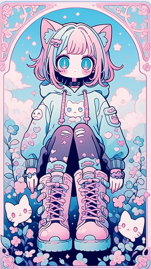 dal-3,,vtuber,1girl,
cute anime characters,Beautiful blue eyes,asymmetric bangs,candy punk Fashion,Hooded hoodie shaped like a cute kitten,cat ear hood,Pastel colored clothes based on blue and pink,Pastel Emo Fashion, Anime Print Shirt,Gothic Style tights, long military boots, score_7_up,dal-6 style,pink-emo,emo, art nouveau