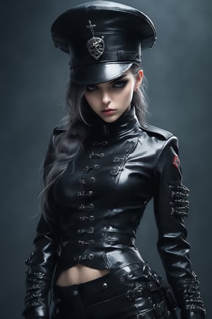  beautiful Nordic Girl, clad in a gothic punk-inspired latex military outfit,military hat, attire should incorporate intricate bondage elements, blending seamlessly into the design. The setting should exude a dark and mysterious ambiance, accentuating the overall edgy and alluring aesthetic. Pay attention to details like clothing texture, lighting nuances, and the surrounding atmosphere to create a captivating visual narrative.",AiArtV