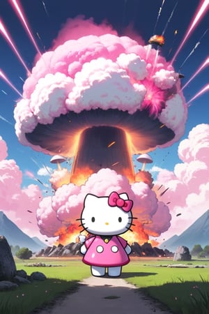 ((Hello Kitty)),pink nuclear bomb,kawaiitech,Explosion Artstyle,Giant mushroom cloud background