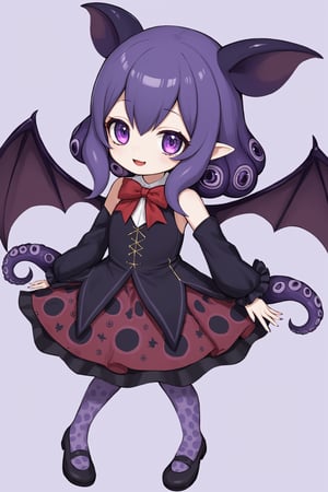 squid Girl,
The girl anthropomorphized as Vampire squid, has a black octopus body, and bat ears on her back. skirt,Her eyes are large and sparkling, and her small octopus legs function as hands. Her hair is a deep purple color with patterns resembling bat wings.,dumbo_oktopus
