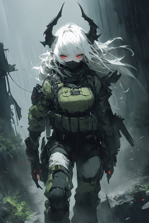  albino demon girl,clad in SWAT tactical gear. Her skin is pale, almost luminous, contrasting sharply with the dark, heavy-duty armor she wears. The gear includes a bulletproof vest, cargo pants, and combat boots, all meticulously designed for maximum protection and mobility. Her piercing, otherworldly eyes and horns protruding through her helmet add an eerie yet striking element to her appearance. The juxtaposition of her ethereal albino features and the rugged, tactical attire creates a powerful and unforgettable image.