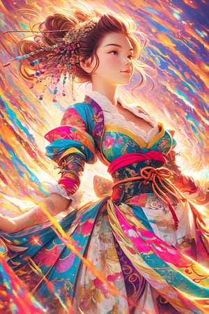  German girl wearing a Baroque-style dirndl with vibrant colors, infused with Japanese elements. The dress combines intricate lace and embroidery with colorful kimono-inspired patterns. A wide obi belt cinches her waist, while puffed sleeves and delicate accessories complete the look, showcasing a striking fusion of cultures.