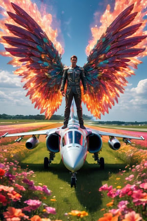 (Fighter with flaming angel wings:1.5),sleek jet fighter, enveloped by a field of beautiful flowers, stands as a striking juxtaposition of power and elegance. Amidst the vibrant petals, the metallic fuselage of the aircraft gleams,Mitsubishi T2,glitter,wings