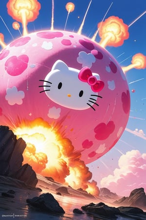 ((Hello Kitty)),pink nuclear bomb,kawaiitech,Explosion Artstyle