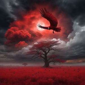 Skies redder than blood, meadows redder than blood, red clouds,
A world of illusions dyed crimson,Creepy red giant bird soaring in the sky,Piles and piles of dead bodies,Inescapable death,Inescapable death, depression, extreme fear, mental breakdown,Death Unlimited

Akashike, Yanage, scarlet bird, spread out your grass.