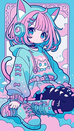 dal-3,,vtuber,1girl,
cute anime characters,Beautiful blue eyes,asymmetric bangs,candy punk Fashion,Hooded hoodie shaped like a cute kitten,cat ear hood,Pastel colored clothes based on blue and pink,Pastel Emo Fashion, Anime Print Shirt,Gothic Style tights, long military boots,,dal-6 style, art nouveau