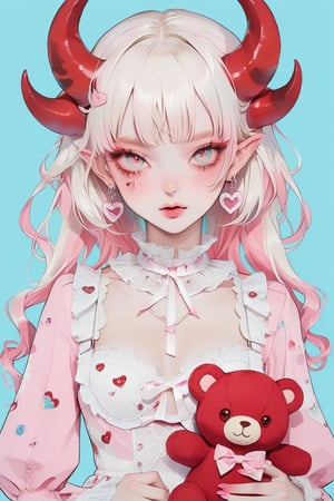 1girl, albino demon girl, (long devil horns) ,heavy makeup, earrings,candycore outfits,pastel aesthetic,Maximalism Pink Lolita Fashion,
Clothes with teddy bear prints inspired by Decora, cute pastel colors, Pastel Blue,
,beautiful red eyes , heart,,emo,kawaiitech,dollskill