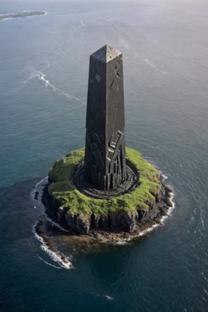 Low quality photos, footage taken by accident, old photos,
Aerial view of a huge jet-black monolith protruding from an uninhabited island, seen from above, the monolith is decorated with mysterious and mechanical geometric patterns, creating a striking contrast to the natural environment of the island ,VHSfootage,DonMSt34mPXL,island