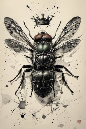 India ink paint art,Beelzebub,A huge and terrifying fly, a giant fly drawn on the screen with a brush and ink, a realistic fly model,((a fly wearing a crown)),chinese ink drawing,ink