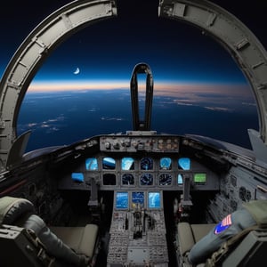 night, a big moon in the sky, Narrow cockpit of a fighter jet, instruments, canopy and outside view
