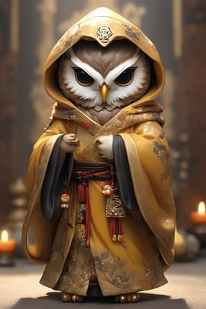(Cute owl),chibi, Buddhist monk's robe,owl head monk, wearing gold brocade robe,((hooded monk robe)), ,sacred atmosphere,Owl