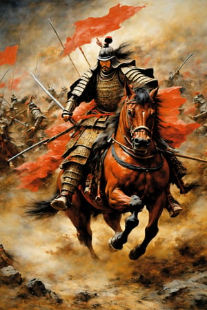 1man,A powerful oil painting depicting a 16th century Japanese battlefield, a Japanese armored warrior, riding a heavy horse, red Japanese samurai armor, a raised spear, the ground blown away, and a chaotic battlefield.,samurai