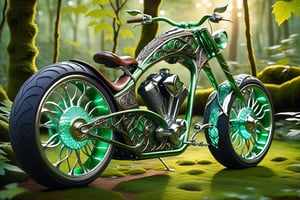 Imagine a chopper bike crafted by elves. The sleek, iridescent frame is adorned with vines and leaves, with handlebars of ancient wood featuring glowing runes. The moss-upholstered seat, vine-like wheels, and dragon scale exhaust pipes add to its mystical charm. Gleaming in green and silver with elven engravings and gemstones, this bike is a perfect blend of nature and machine.,shards,DonM3lv3sXL