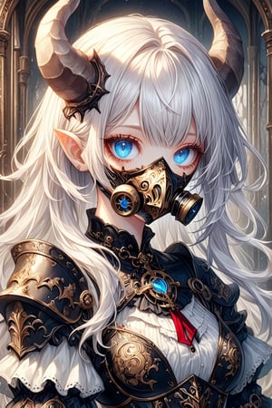1 girl, (masterful), blur, black_hair, albino demon girl,beauty blue eyes,Intricate Iris Details,heterochromia_iridis,(Gothic style gas mask),(long intricate horns:1.2) ,pure white hair,Wearing Medieval black Knight Armor,Gold carved full plate Armor,
best quality, highest quality, extremely detailed CG unity 8k wallpaper, detailed and intricate, 
,steampunk style,perfecteyes,Christmas Fantasy World,dal,emo,Realistic Blue Eyes,large-eyed 