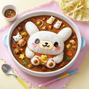 (From Above), Japanese Curry Rice,charming Sanrio-inspired character, carefully crafted from colorful ingredients,Cinnamoroll,
(Masterpiece, Best Quality, 8k:1.2), (Ultra-Detailed, Highres, Extremely Detailed, Absurdres, Incredibly Absurdres, Huge Filesize:1.1), (Photorealistic:1.3), By Dr.Maehara, Portrait, Ultra-Realistic Illustration, Digital Painting. ,fat,kawaiitech,